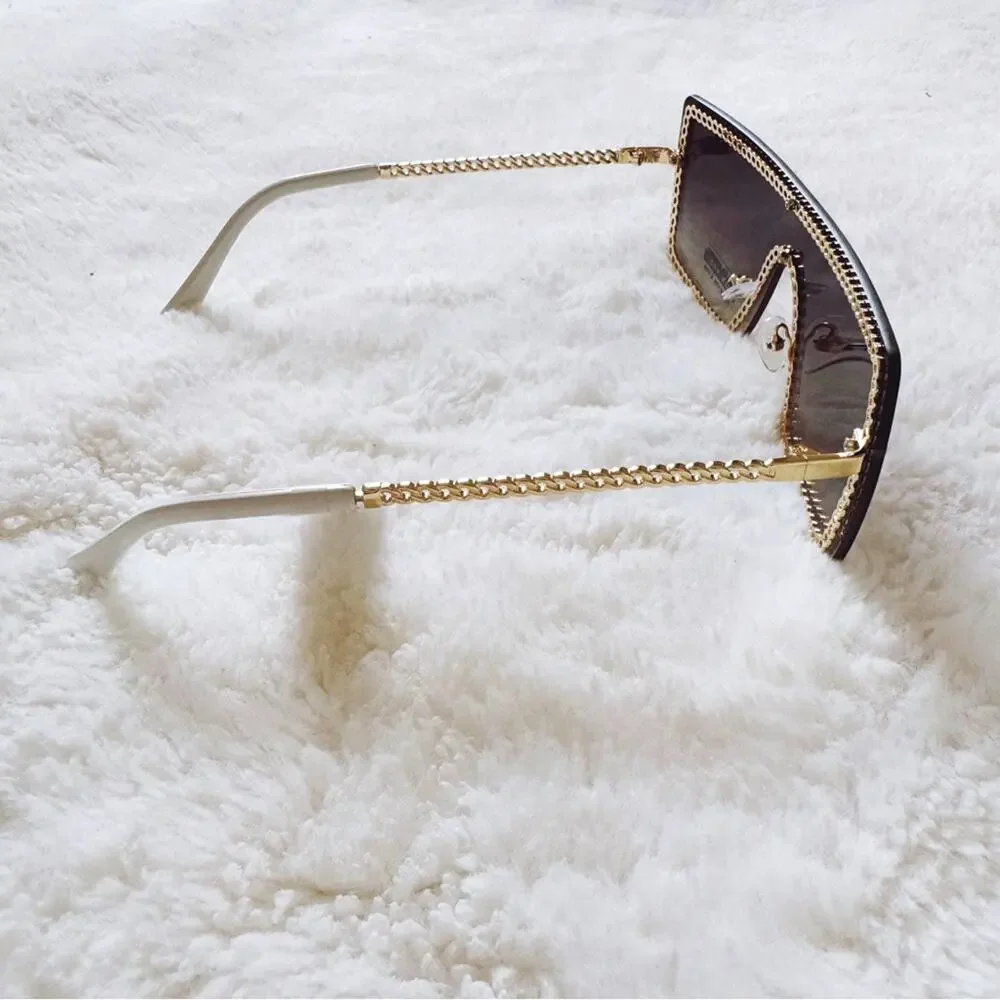 Christine Black Two Tone White Chain Oversized Shield Sunglasses